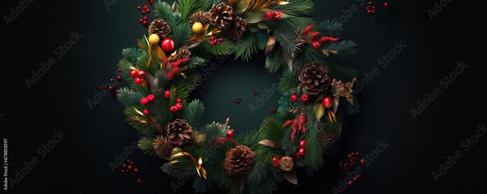 Natural Christmas wreath on a dark background. Christmas holidays. Generative AI.