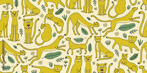Cute yellow leopards family, seamless pattern background