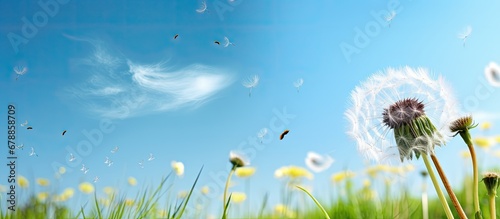 summer breeze the wind carries a single dandelion seed blowing it gently through the grassy landscape against the backdrop of a clear blue sky symbolizing the concept of natures resilience a photo