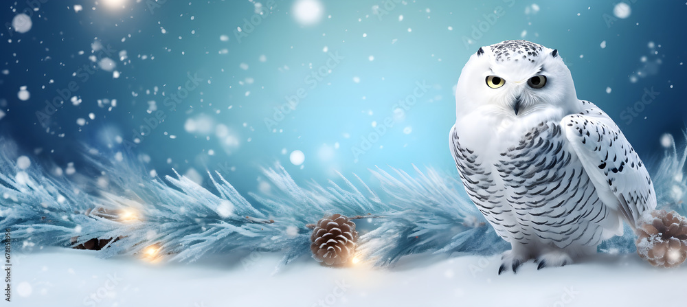 Obraz premium banner of polar owl on the winter background
