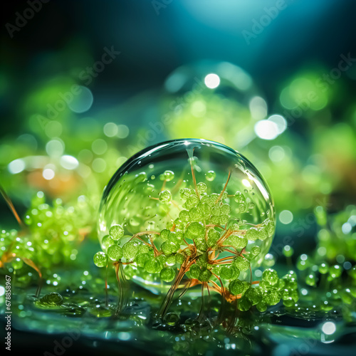 Green moss in a crystal ball with water drops on a green background