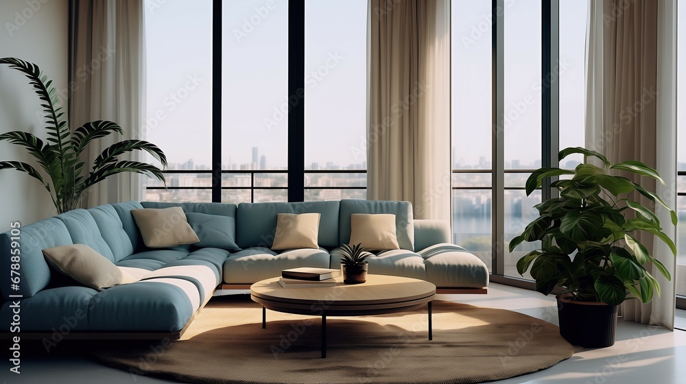 Zoom background, Modern Living Room with Large Windows and Indoor