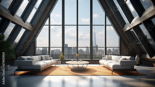 Zoom background, Modern Relaxing Penthouse Living Room with Large Windows, Generative AI photo