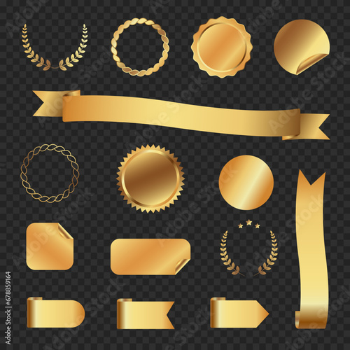 Collection of gold labels for Black Friday discounts or shopping promotions and sales. Gold luxury ribbons for premium quality certificates, New Year holiday stickers. For icon, logo, sign, print, sym