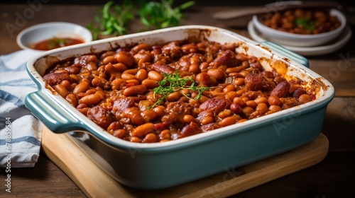 Baked beans in a casserole dish
