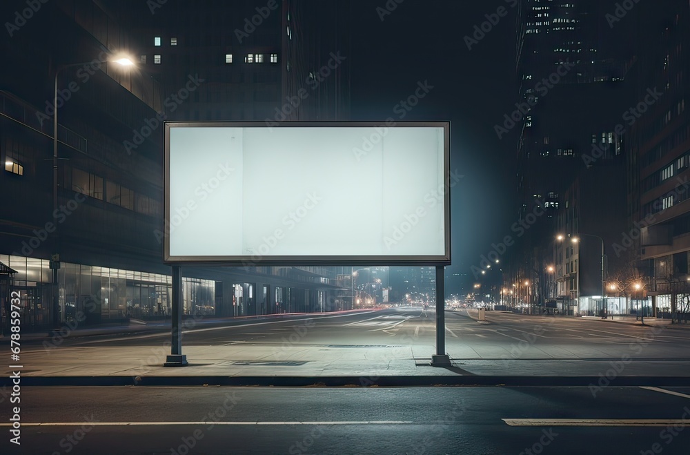 blank advertising banner on the sidewalk of a city street at night, advertising concept
