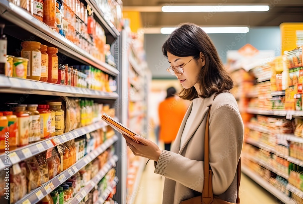portrait of an Asian woman checking the nutritional values of a product in the supermarket