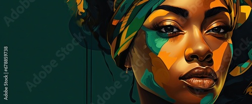 black story month, illustration of a young black girl with a headscarf on a green background