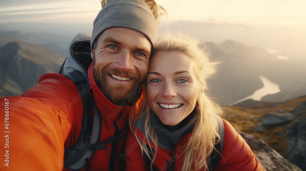 Two happy hikers taking selfie photograph on the top of the hill or mountain with beautiful landscape and sky in the background.