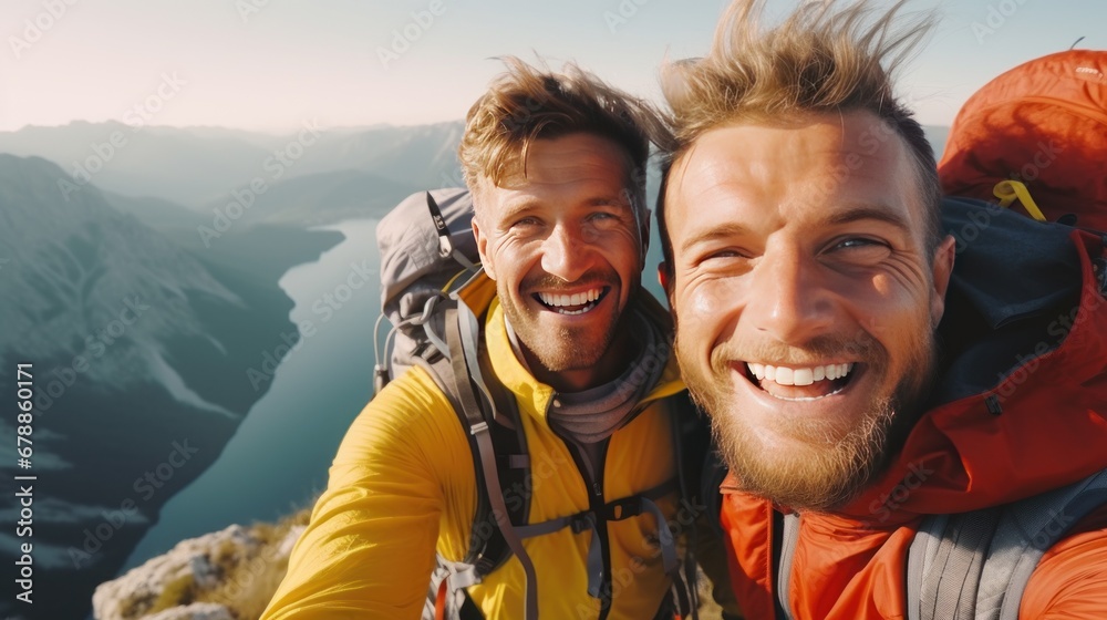 Two happy hikers taking selfie photograph on the top of the hill or mountain with beautiful landscape and sky in the background.