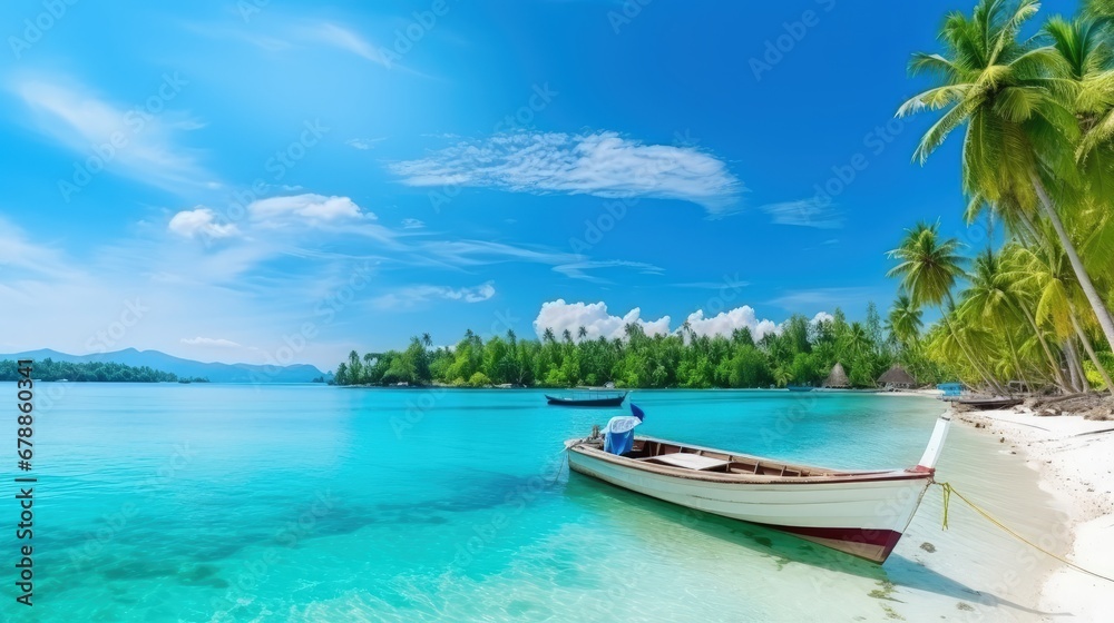 Boat at Pier with tropical Beach Palm Tree Turquoise Sea Blue Sky Sunny Day. Vacation Panaroma Boat at Pier with tropical Beach Palm Tree Turquoise Sea Blue Sky Sunny Day. Vacation Panaroma