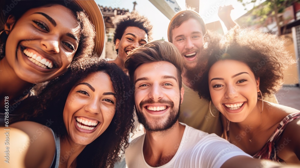 Group of friends taking selfie photo while smiling at the camera. Portrait photography of young people, multiracial group, enjoy spending time on a vacation together. Group of friends taking selfie photo while smiling at the camera. Portrait photography of young people, multiracial group, enjoy spending time on a vacation together.