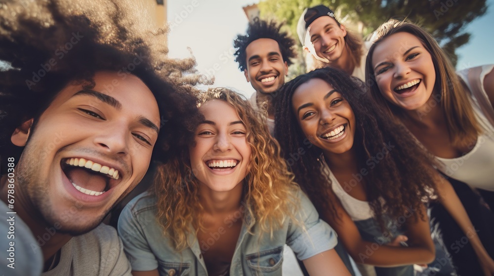 Obraz premium Group of friends taking selfie photo while smiling at the camera. Portrait photography of young people, multiracial group, enjoy spending time on a vacation together.