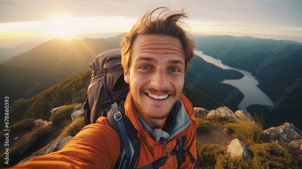 Two happy hikers taking selfie photograph on the top of the hill or mountain with beautiful landscape and sky in the background.