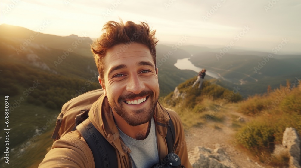 Two happy hikers taking selfie photograph on the top of the hill or mountain with beautiful landscape and sky in the background. Two happy hikers taking selfie photograph on the top of the hill or mountain with beautiful landscape and sky in the background.