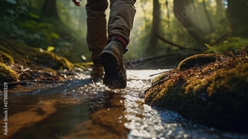 Adventure and exploration, back to nature and offline lifestyle concepts. A hiker feet walking in water, stream, in a forest. Escaping from the hustle of the big city.