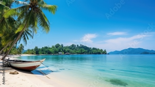 Boat at Pier with tropical Beach Palm Tree Turquoise Sea Blue Sky Sunny Day. Vacation Panaroma © JuJamal