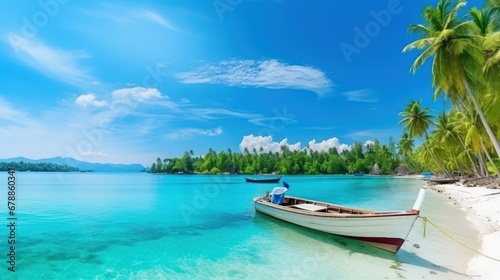 Boat at Pier with tropical Beach Palm Tree Turquoise Sea Blue Sky Sunny Day. Vacation Panaroma