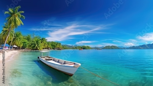 Boat at Pier with tropical Beach Palm Tree Turquoise Sea Blue Sky Sunny Day. Vacation Panaroma