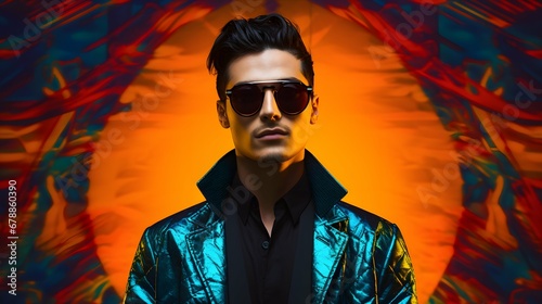 Gentleman wearing black glasses on luxury colorful background , Beautiful fictional male model in colorful stylish fashion clothes and sunglasses