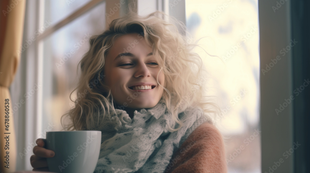 
Happy blond woman with bunch hairstyle warming and cover knitted plaid enjoying in her coffee time by the window in cold winter day. Peace of mind and mental health. - obrazy, fototapety, plakaty 