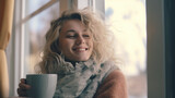  Happy blond woman with bunch hairstyle warming and cover knitted plaid enjoying in her coffee time by the window in cold winter day. Peace of mind and mental health.