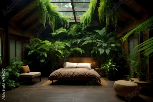 The bed is a luxurious with ferns drop down from above,dark bedroom setting.