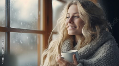 
Happy blond woman with bunch hairstyle warming and cover knitted plaid enjoying in her coffee time by the window in cold winter day. Peace of mind and mental health. photo