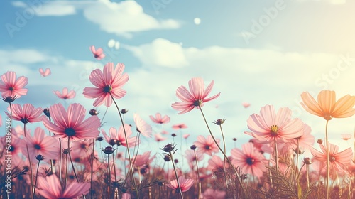 Vintage landscape of cosmos flower field on sky with sunlight in spring. low angle photo