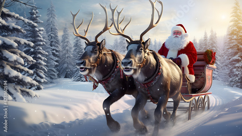 Santa Claus with reindeer in the winter forest. Beautiful Christmas winter card.