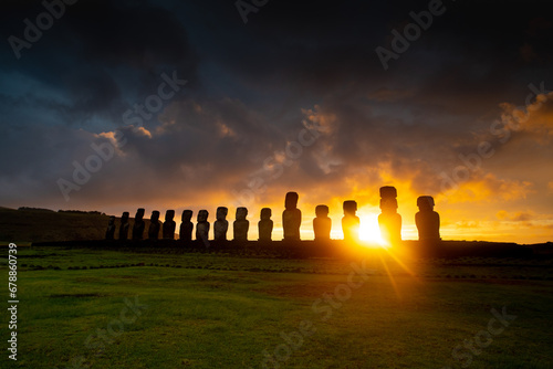 moais in Tongariki at sunrise, Rapa Nui, Easter Island photo