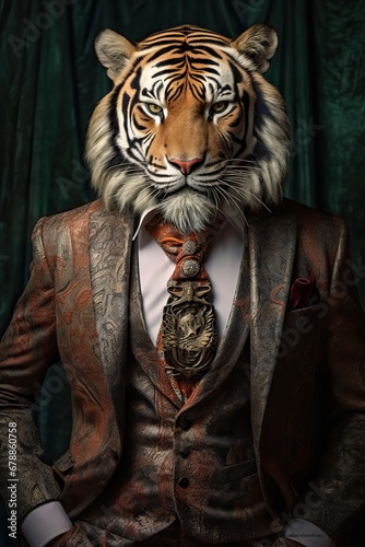 Tiger dressed in an elegant modern suit with a nice tie. Fashion portrait of an anthropomorphic animal  feline  posing with a charismatic human attitude