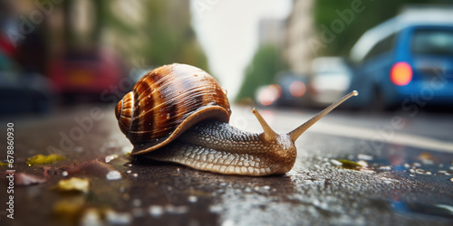 A snail on the asphalt of a wet road with cars photo