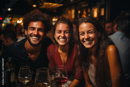 Frohe Gesellschaft - Mann und zwei junge Frauen lachen fröhlich in einer Bar