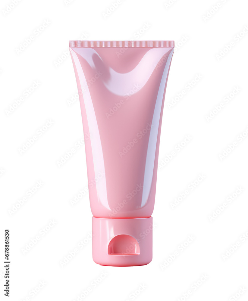 Bote de crema cosmética de color rosa en fondo transparente.