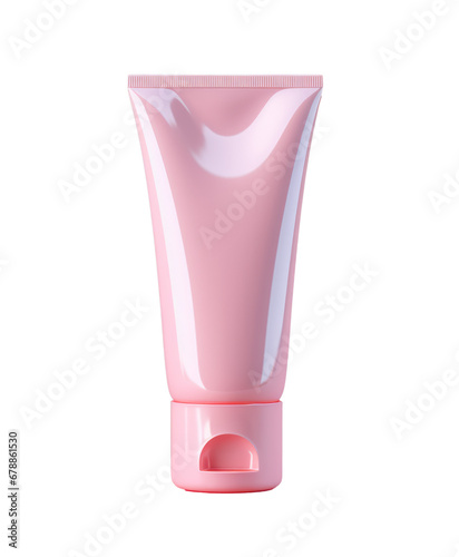 Bote de crema cosmética de color rosa en fondo transparente.