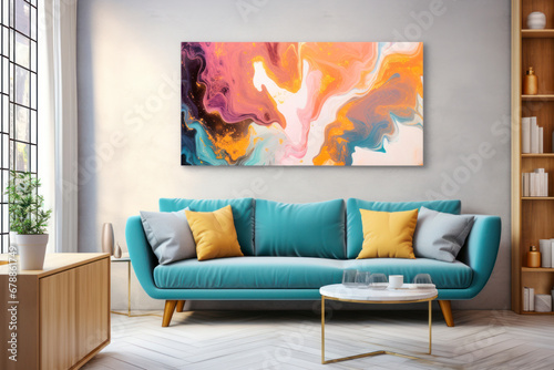 cheerful and happy mood living room idea of home decor design with colorful abstract painting art wall hanging picture, mockup idea photo