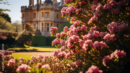 A historic castle, with a blooming garden as the background, during a sunlit spring day © VirtualCreatures