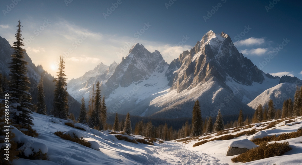 A majestic mountain range covered in a blanket of snow, standing tall against a crisp, azure sky - AI Generative