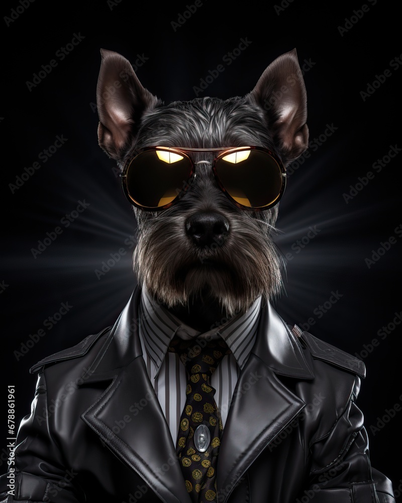 Dog dressed in an elegant modern suit with a nice tie. Fashion portrait of an anthropomorphic animal posing with a charismatic human attitude