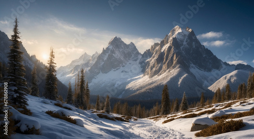 A majestic mountain range covered in a blanket of snow, standing tall against a crisp, azure sky - AI Generative