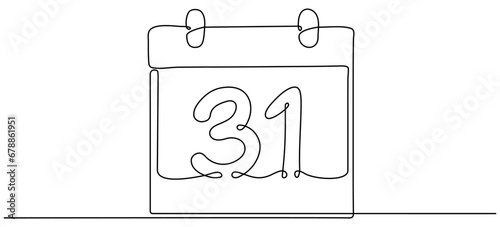 31 December continuous line drawing. Celebration date. Vector illustration isolated on white.