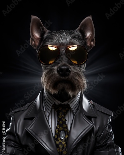 Dog dressed in an elegant modern suit with a nice tie. Fashion portrait of an anthropomorphic animal posing with a charismatic human attitude © Eli Berr