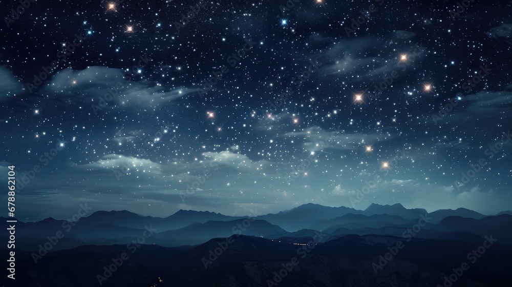 Stars in the sky, in the style of digital painting, tender depiction of nature, dark sky-blue and black, soft, romantic scenes, romanticized landscapes, serene atmospheric perspective, fine detailed