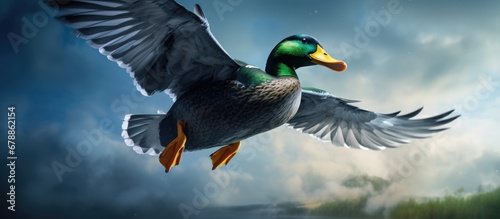 serene embrace of nature a graceful wild duck with vibrant green feathers soars through the sky its cute quacking filling the air embodying the captivating beauty of wildlife