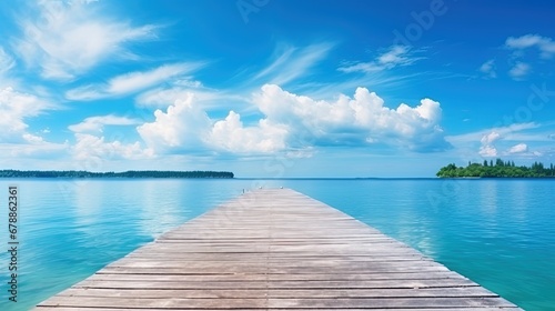 wooden pier to an island in ocean against blue sky