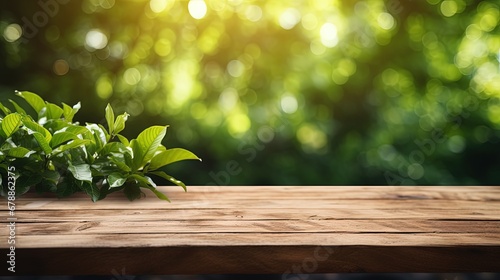 mockup wooden table green nature garden background