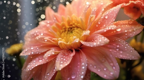 Dahlia flower close-up with water drops on petals. Springtime Concept. Mothers Day Concept with a Copy Space. Valentine's Day.