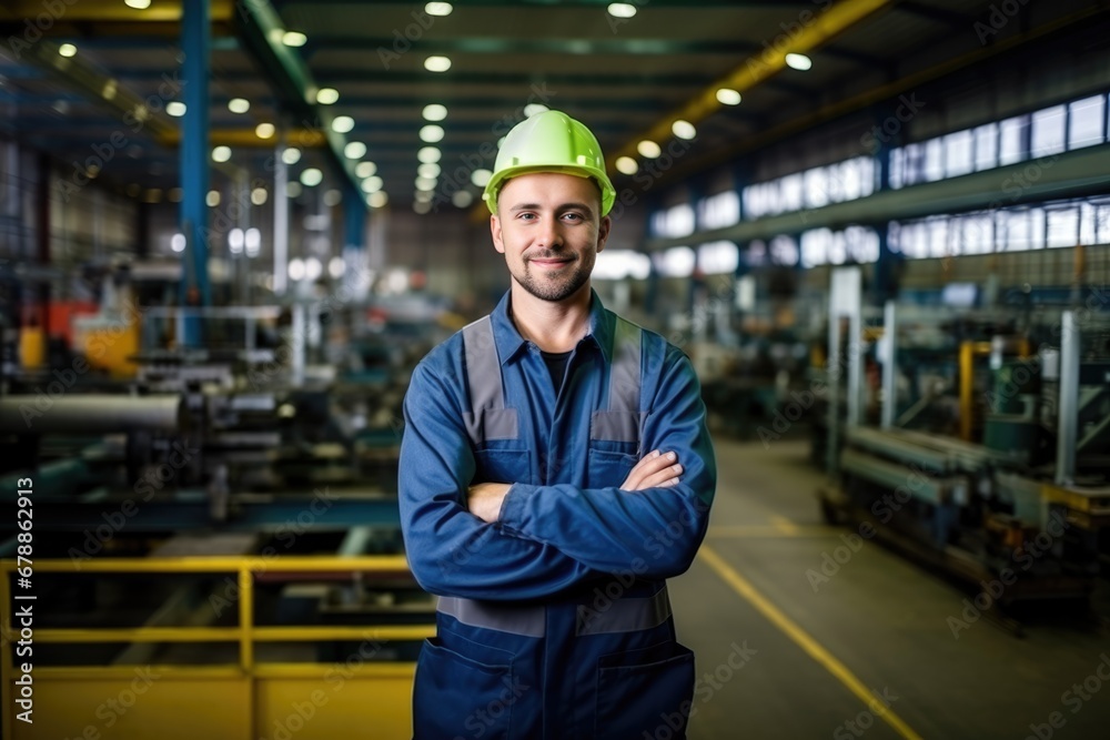 Male factory worker posing looking at the camera.