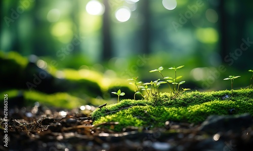 Sunlit Seedlings Sprouting on a Mossy Forest Floor: A Close-Up View of New Life in a Tranquil Woodland Environment © Яна Деменишина